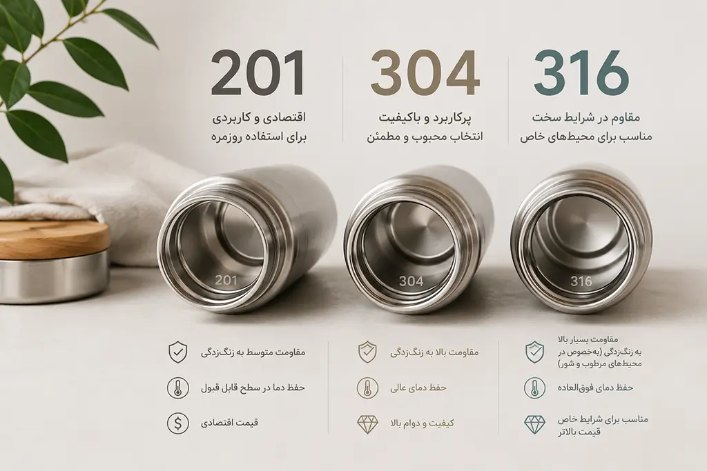 تفاوتهای استیل 201، 304 و 316 در ظروف نگهداری نوشیدنی 1 تفاوتهای استیل 201، 304 و 316